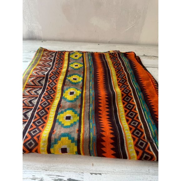 Orange green brown yellow geometric shape large rectangular sheet scarf - Picture 3 of 4